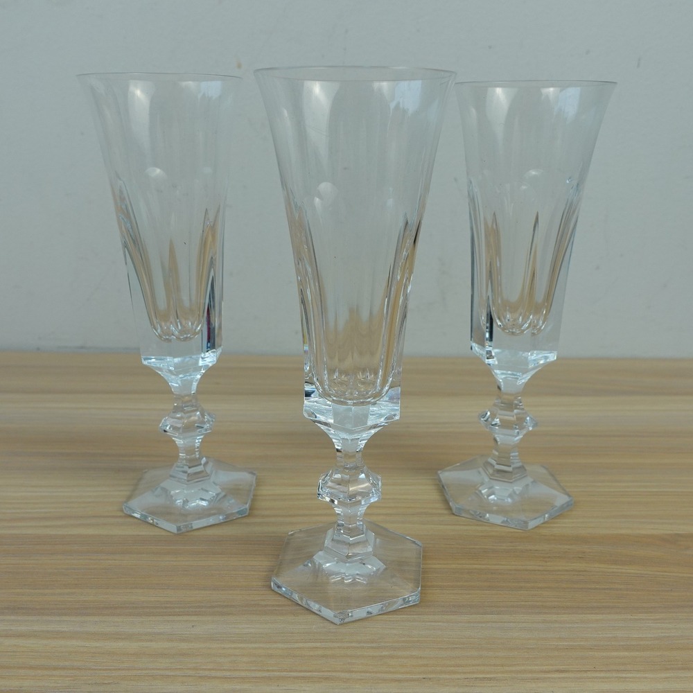 Vintage Faceted Crystal Champaigne Flutes Set of 3 Knop Stem Hex Foot Toasting